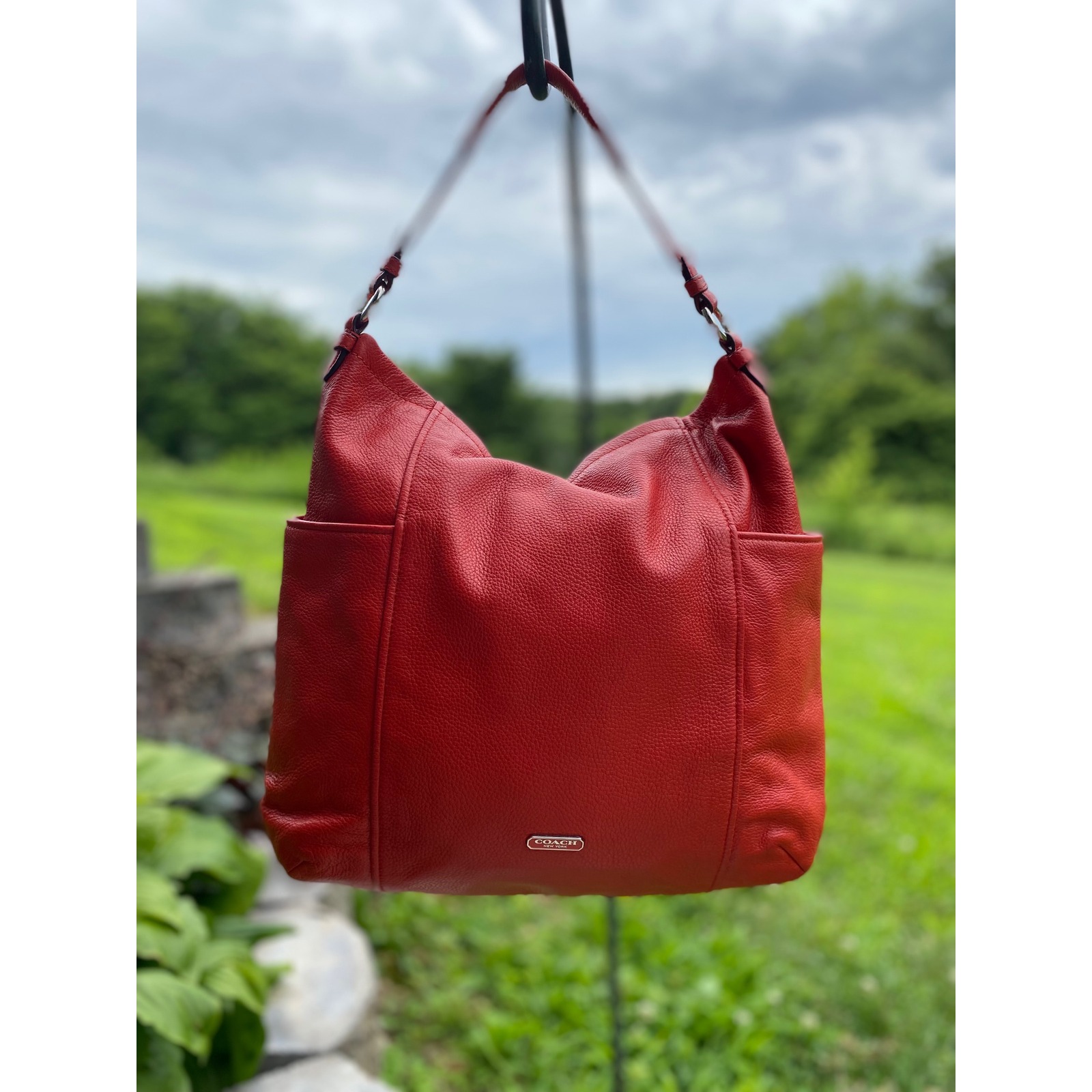 Coach Park Leather Hobo Bag F31323 Red Pebbled Leather Shoulder Purse Lg Tote
